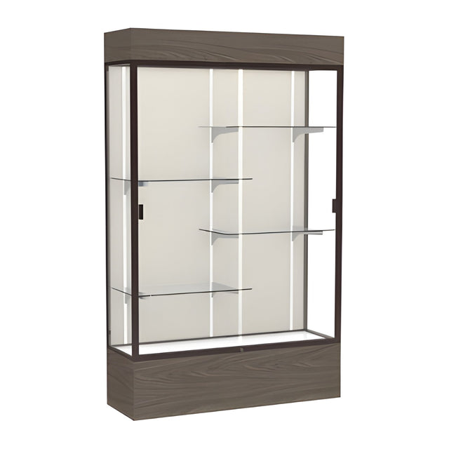Reliant Lighted Walnut Vinyl case, Plaque Fabric Back w/ Dark Bronze aluminum frame finish, 80"H x 48"W x 16"D