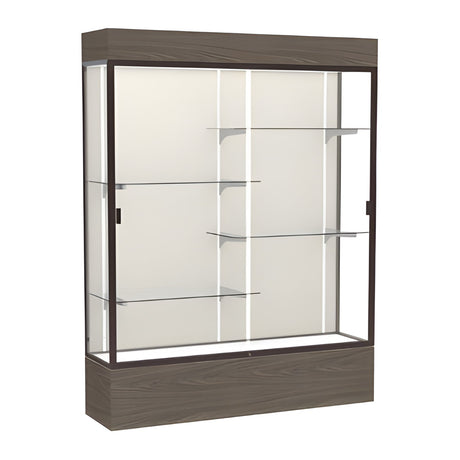 Reliant Lighted Walnut Vinyl case, Plaque Fabric Back w/ Dark Bronze aluminum frame finish, 80"H x 60"W x 16"D