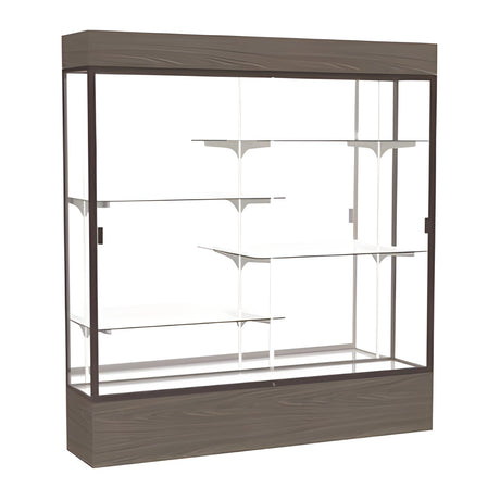 Reliant Lighted Walnut Vinyl case, Plaque Fabric Back w/ Dark Bronze aluminum frame finish, 80"H x 72"W x 16"D