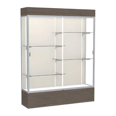 Reliant Lighted Walnut Vinyl case, Plaque Fabric Back w/ Satin Natural aluminum frame finish, 80"H x 60"W x 16"D