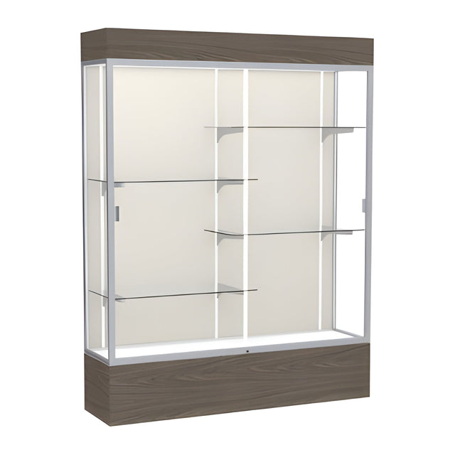 Reliant Lighted Walnut Vinyl case, Plaque Fabric Back w/ Satin Natural aluminum frame finish, 80"H x 60"W x 16"D
