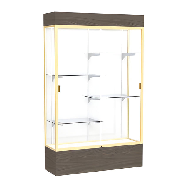 Reliant Lighted Walnut Vinyl case, White Laminate Back w/ Champagne aluminum frame finish, 80"H x 48"W x 16"D