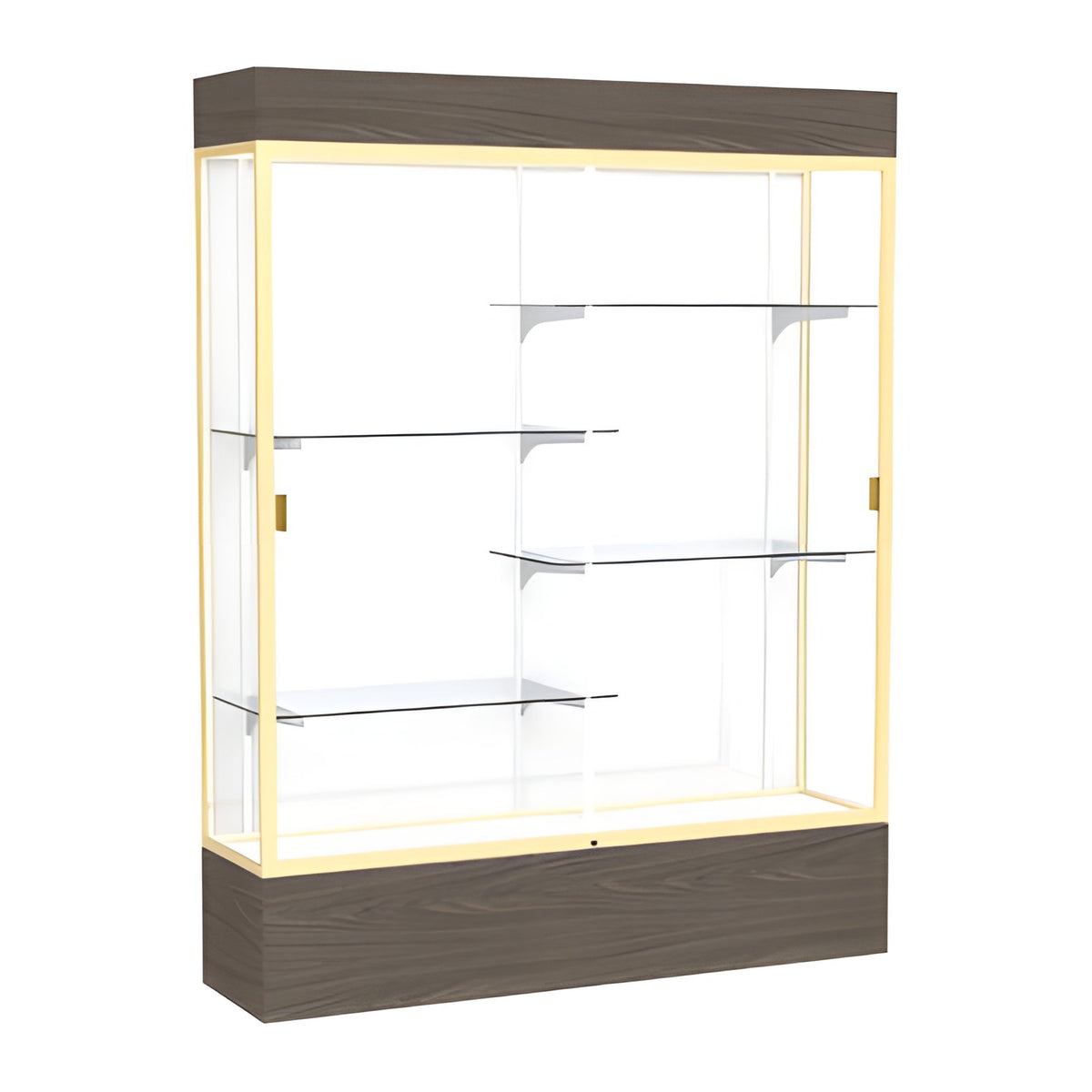 Reliant Lighted Walnut Vinyl case, White Laminate Back w/ Champagne aluminum frame finish, 80"H x 60"W x 16"D