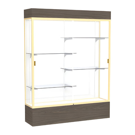 Reliant Lighted Walnut Vinyl case, White Laminate Back w/ Champagne aluminum frame finish, 80"H x 60"W x 16"D