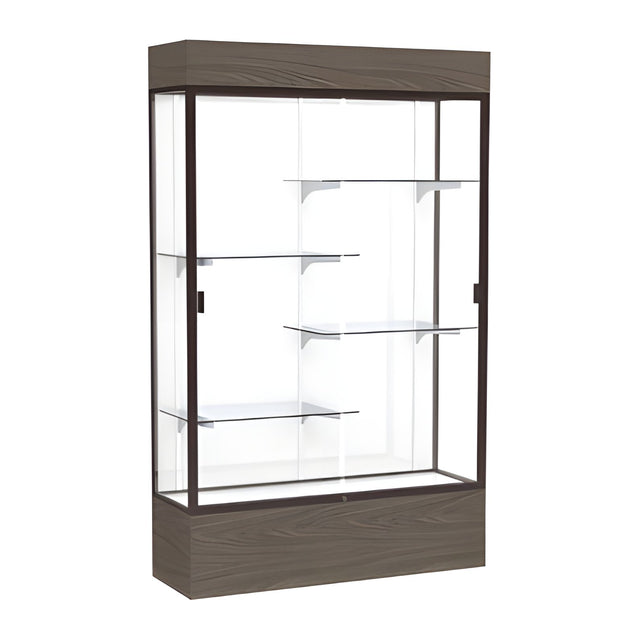 Reliant Lighted Walnut Vinyl case, White Laminate Back w/ Dark Bronze aluminum frame finish, 80"H x 48"W x 16"D