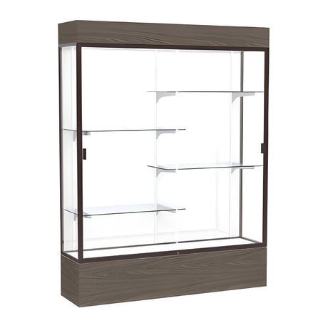 Reliant Lighted Walnut Vinyl case, White Laminate Back w/ Dark Bronze aluminum frame finish, 80"H x 60"W x 16"D