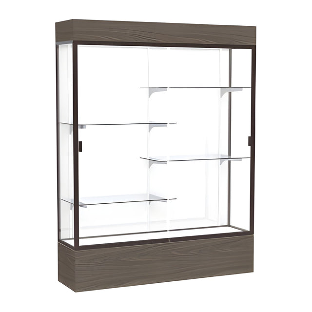 Reliant Lighted Walnut Vinyl case, White Laminate Back w/ Dark Bronze aluminum frame finish, 80"H x 60"W x 16"D
