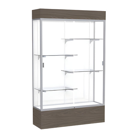 Reliant Lighted Walnut Vinyl case, White Laminate Back w/ Satin Natural aluminum frame finish, 80"H x 48"W x 16"D