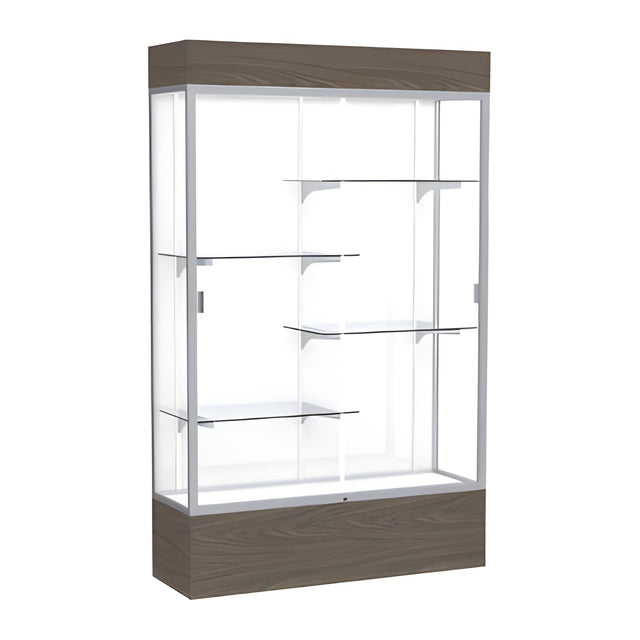 Reliant Lighted Walnut Vinyl case, White Laminate Back w/ Satin Natural aluminum frame finish, 80"H x 48"W x 16"D