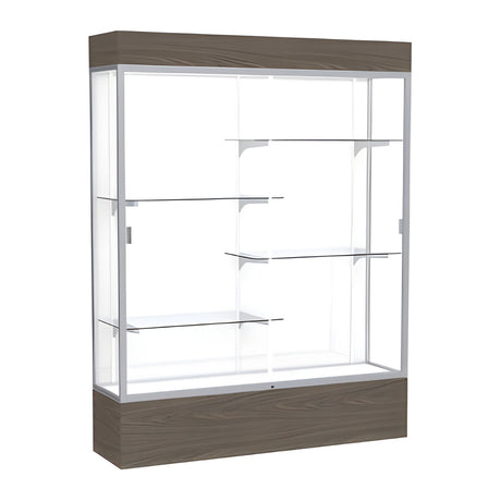 Reliant Lighted Walnut Vinyl case, White Laminate Back w/ Satin Natural aluminum frame finish, 80"H x 60"W x 16"D