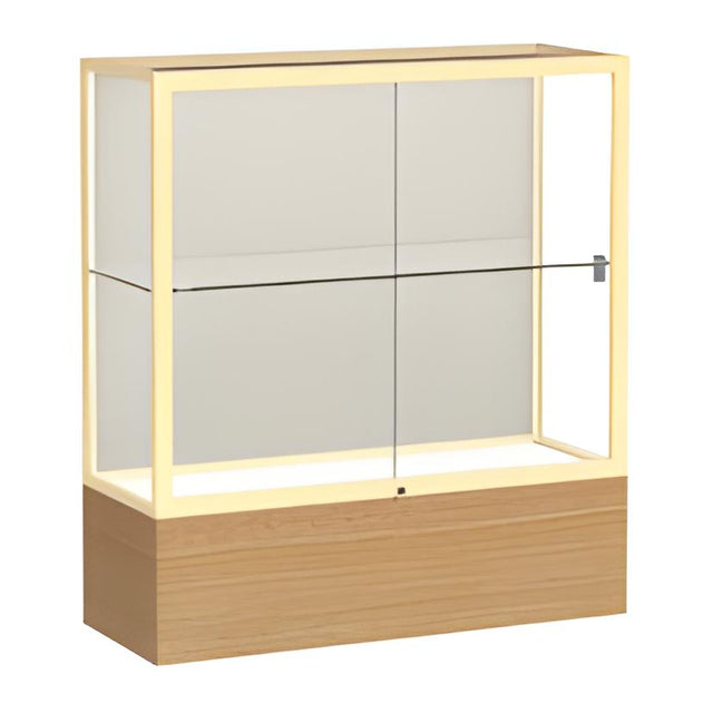 Reliant Natural Oak case, Plaque Fabric Back w/ Champagne aluminum frame finish, 40"H x 36"W x 14"D