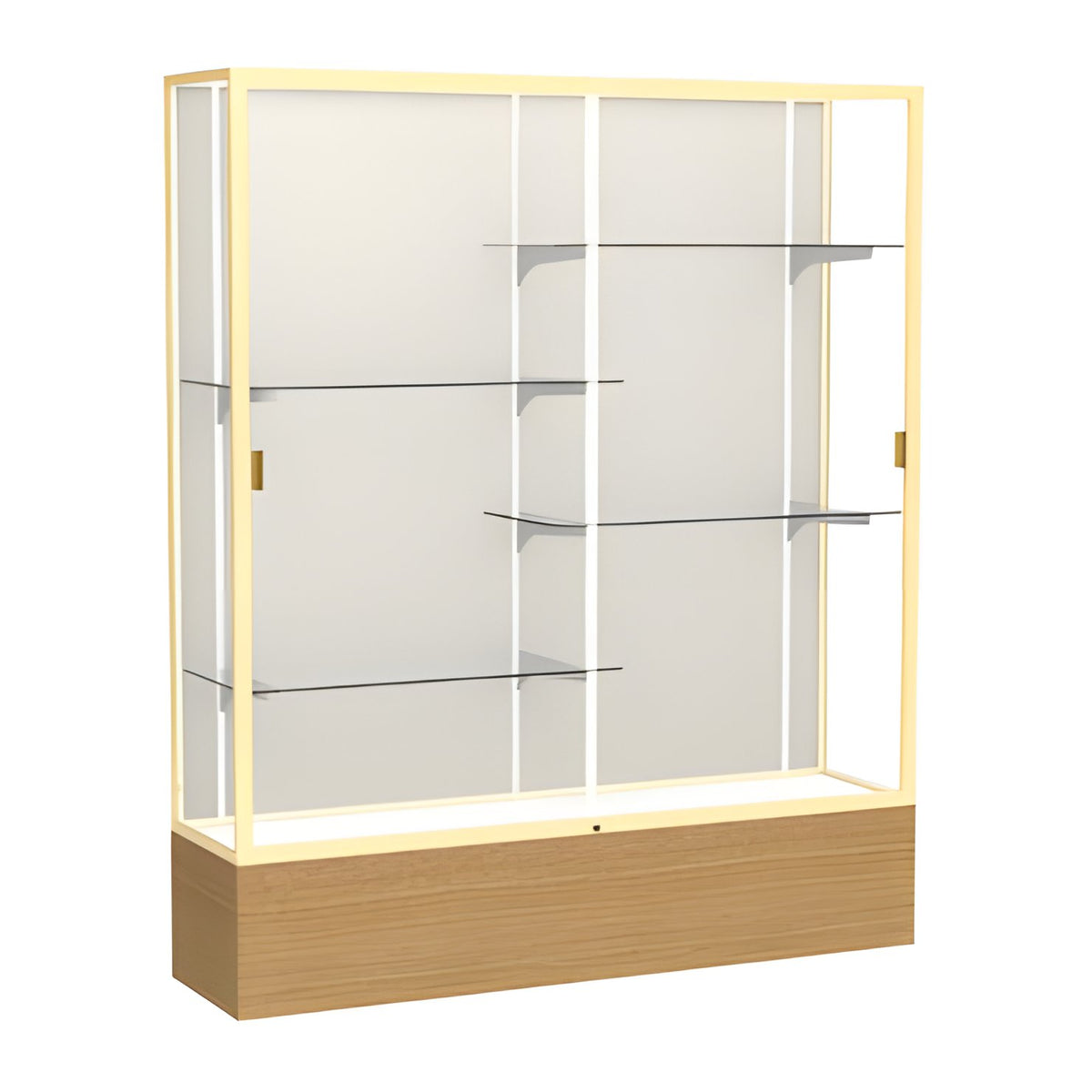 Reliant Natural Oak case, Plaque Fabric Back w/ Champagne aluminum frame finish, 72"H x 60"W x 16"D