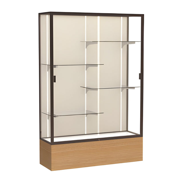 Reliant Natural Oak case, Plaque Fabric Back w/ Dark Bronze aluminum frame finish, 72"H x 48"W x 16"D