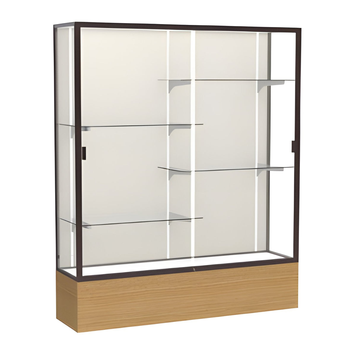 Reliant Natural Oak case, Plaque Fabric Back w/ Dark Bronze aluminum frame finish, 72"H x 60"W x 16"D