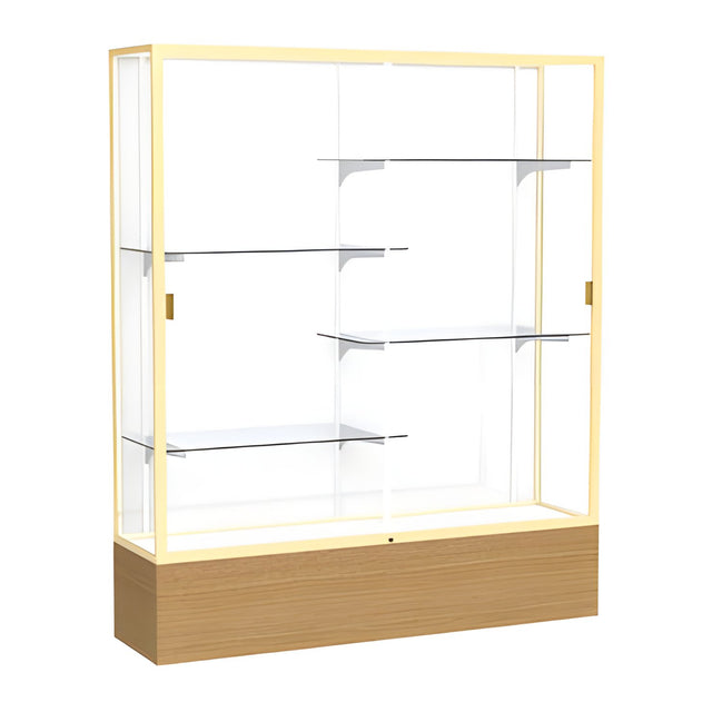 Reliant Natural Oak case, White Laminate Back w/ Champagne aluminum frame finish, 72"H x 60"W x 16"D