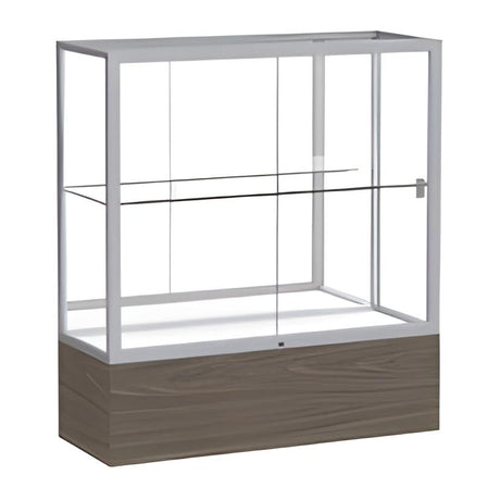 Reliant Walnut Vinyl case, Mirror Back w/ Satin Natural aluminum frame finish, 40"H x 36"W x 14"D