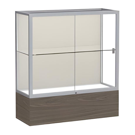 Reliant Walnut Vinyl case, Plaque Fabric Back w/ Satin Natural aluminum frame finish, 40"H x 36"W x 14"D