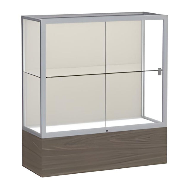 Reliant Walnut Vinyl case, Plaque Fabric Back w/ Satin Natural aluminum frame finish, 40"H x 36"W x 14"D