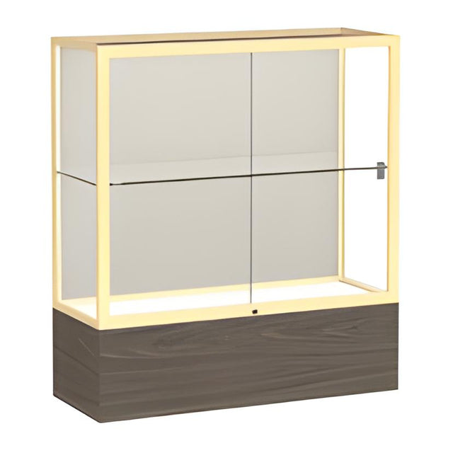 Reliant Walnut Vinyl case, White Laminate Back w/ Champagne aluminum frame finish, 40"H x 36"W x 14"D