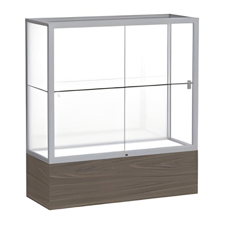 Reliant Walnut Vinyl case, White Laminate Back w/ Satin Natural aluminum frame finish, 40"H x 36"W x 14"D