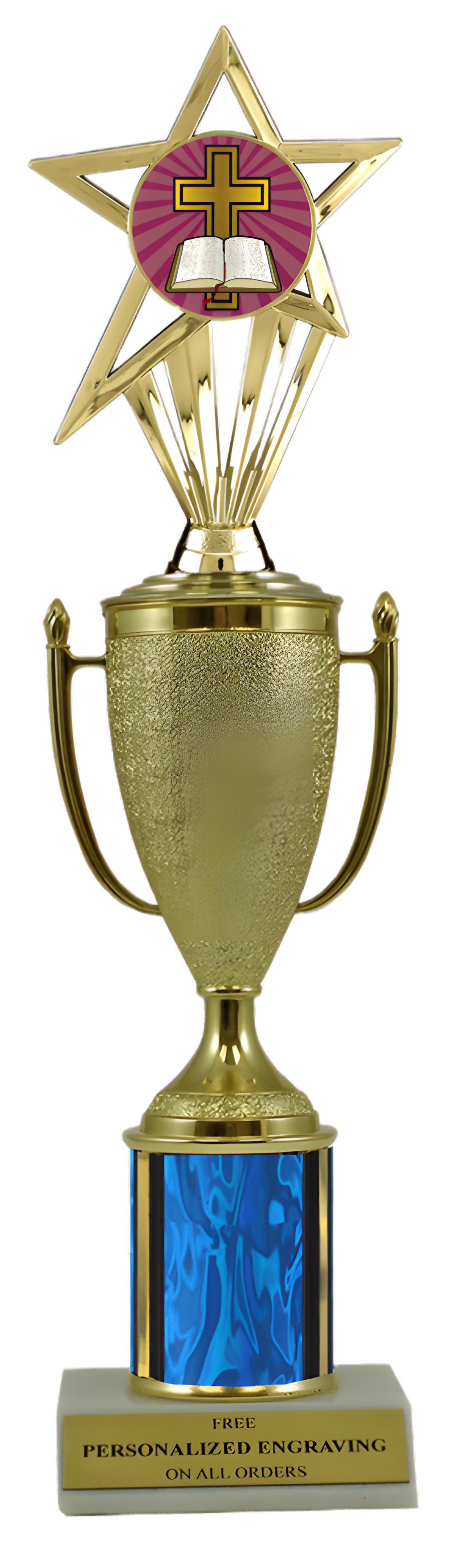 Religious Cross Gold Cup Column Trophy with Insert
