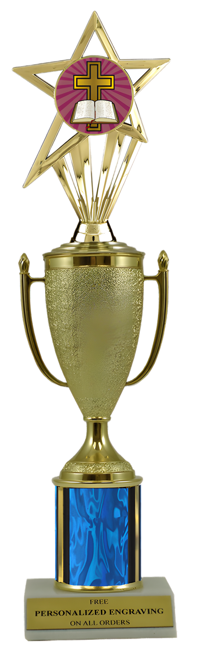 Religious Cross Gold Cup Column Trophy with Insert