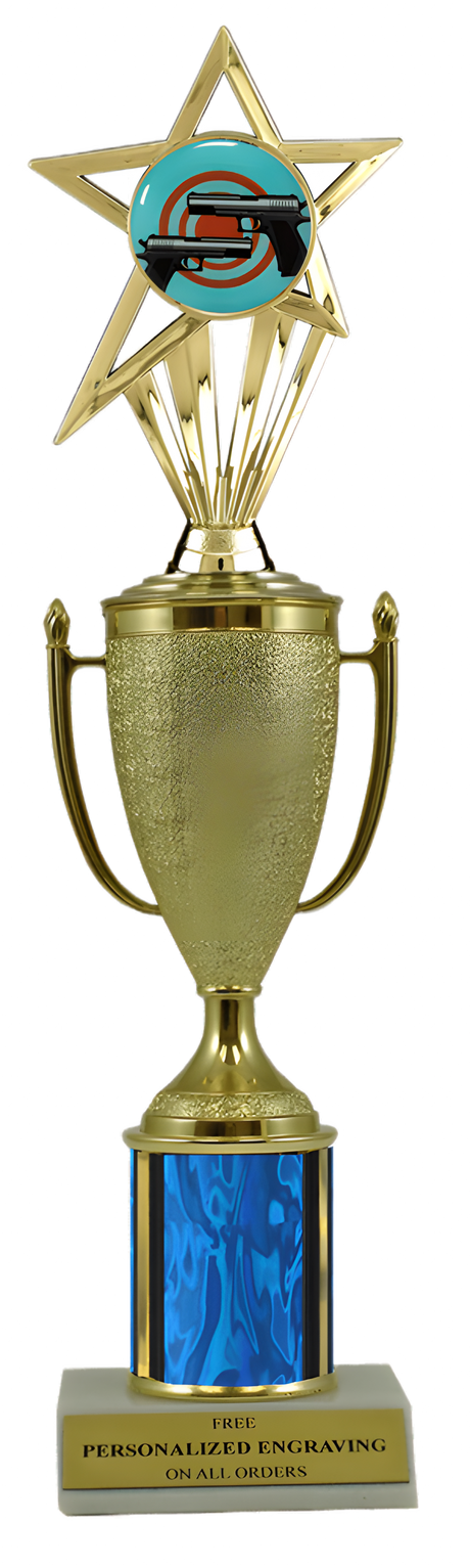 Pistol Shooting Gold Cup Column Trophy with Insert