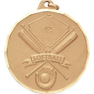 2" Diamond Cut Softball & Crossed Bats Medal with Ribbon