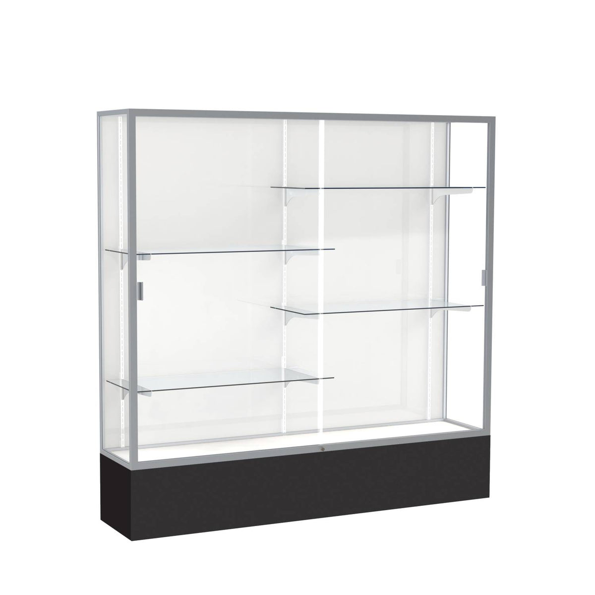 Spirit black display case unlighted white laminate back w/ satin natural aluminum frame finish 72"H x 72"W x 16"D