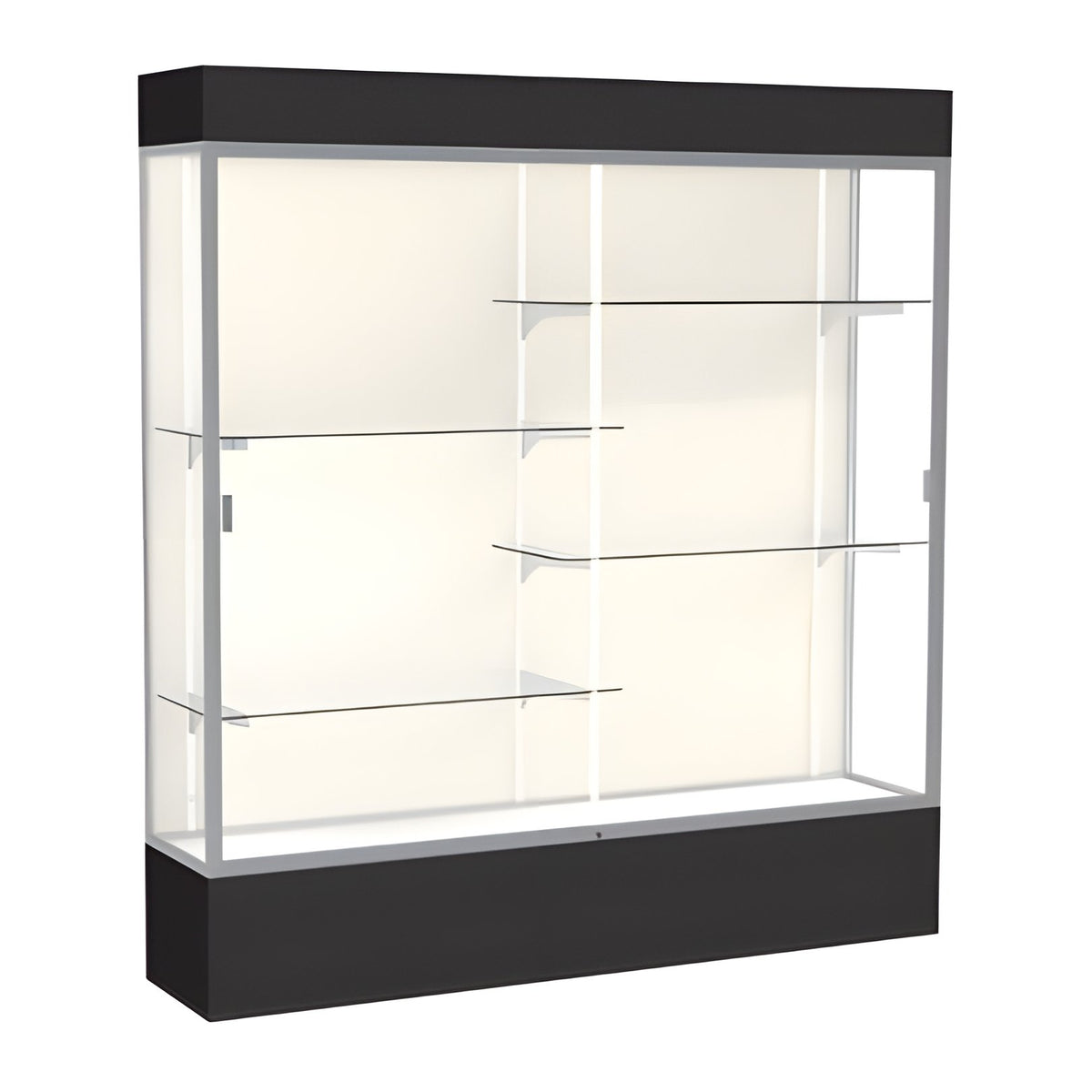 Spirit Black Display Case (Lighted), Plaque Fabric Back w/ Satin Natural aluminum frame finish, 80"H x 72"W x 16"D