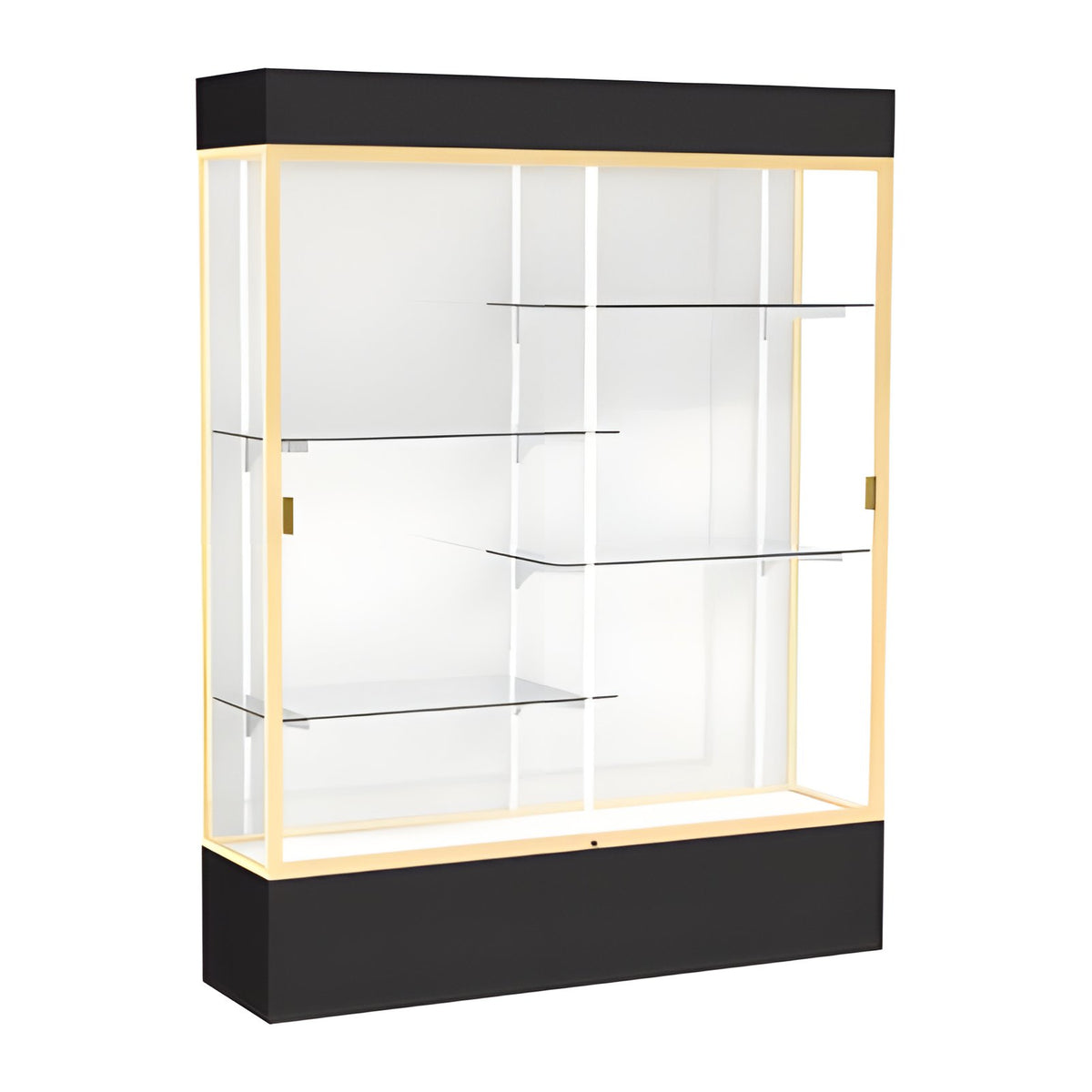 Spirit Black Display Case (Lighted), White Laminate Back w/ Champagne aluminum frame finish, 80"H x 60"W x 16"D