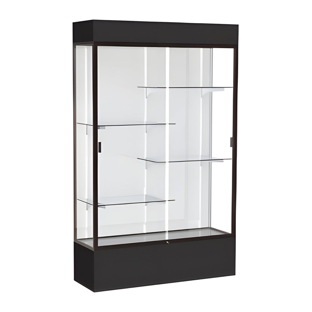 Spirit Black Display Case (Lighted), White Laminate Back w/ Dark Bronze aluminum frame finish, 80"H x 48"W x 16"D
