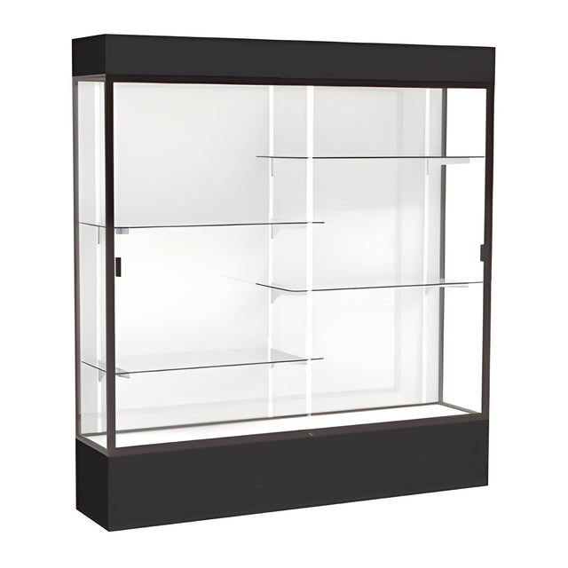 Spirit Black Display Case (Lighted), White Laminate Back w/ Dark Bronze aluminum frame finish, 80"H x 72"W x 16"D