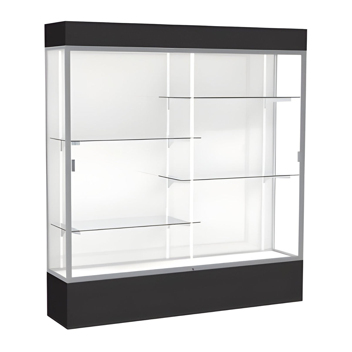 Spirit Black Display Case (Lighted), White Laminate Back w/ Satin Natural aluminum frame finish, 80"H x 72"W x 16"D