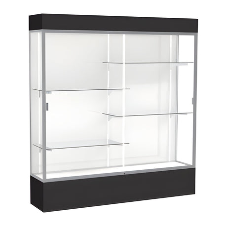 Spirit Black Display Case (Lighted), White Laminate Back w/ Satin Natural aluminum frame finish, 80"H x 72"W x 16"D
