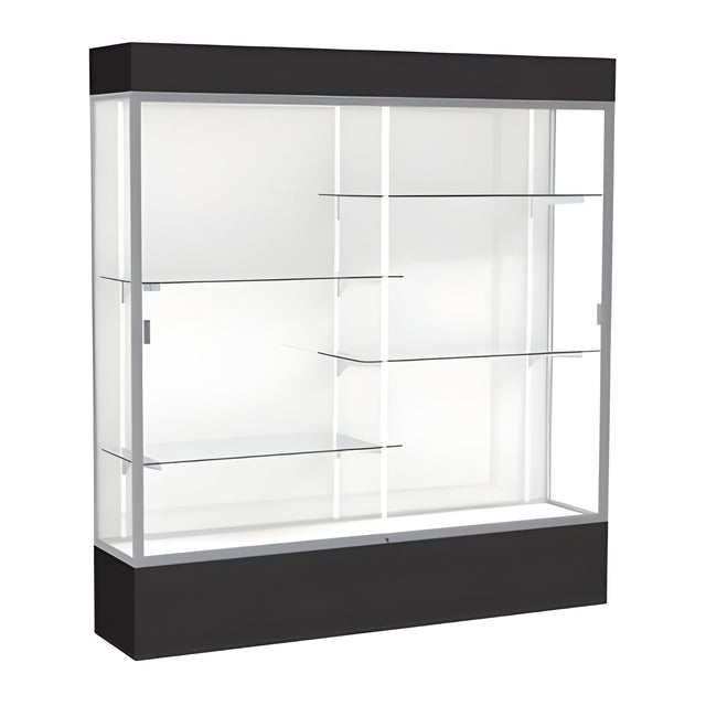 Spirit Black Display Case (Lighted), White Laminate Back w/ Satin Natural aluminum frame finish, 80"H x 72"W x 16"D