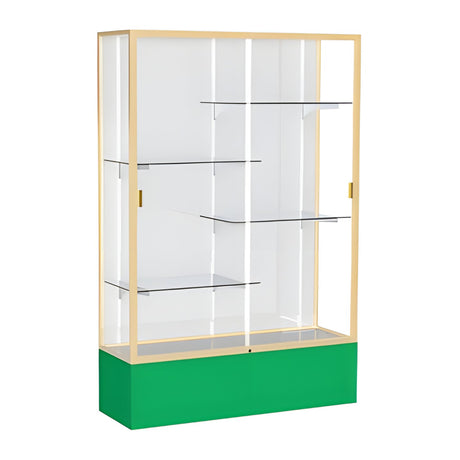 Spirit Kelly Green Display Case (Unighted), White Laminate Back w/ Champagne aluminum frame finish, 72"H x 48"W x 16"D