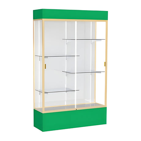 Spirit Kelly Green Display Case (Lighted), White Laminate Back w/ Champagne aluminum frame finish, 80"H x 48"W x 16"D