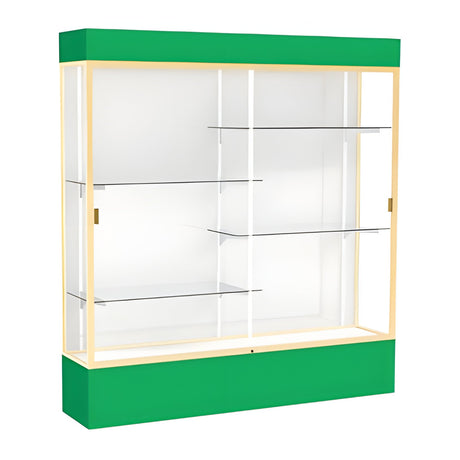 Spirit Kelly Green Display Case (Lighted), White Laminate Back w/ Champagne aluminum frame finish, 80"H x 72"W x 16"D