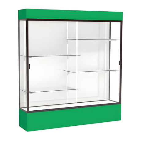 Spirit Kelly Green Display Case (Lighted), White Laminate Back w/ Dark Bronze aluminum frame finish, 80"H x 72"W x 16"D