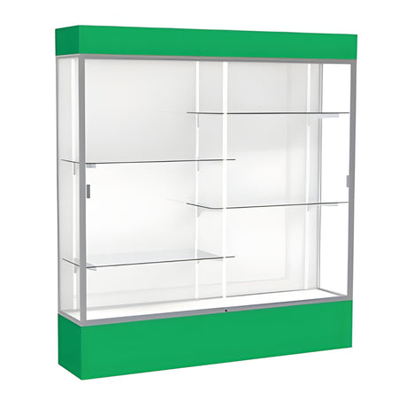 Spirit Kelly Green Display Case (Lighted), White Laminate Back w/ Satin Natural aluminum frame finish, 80"H x 72"W x 16"D