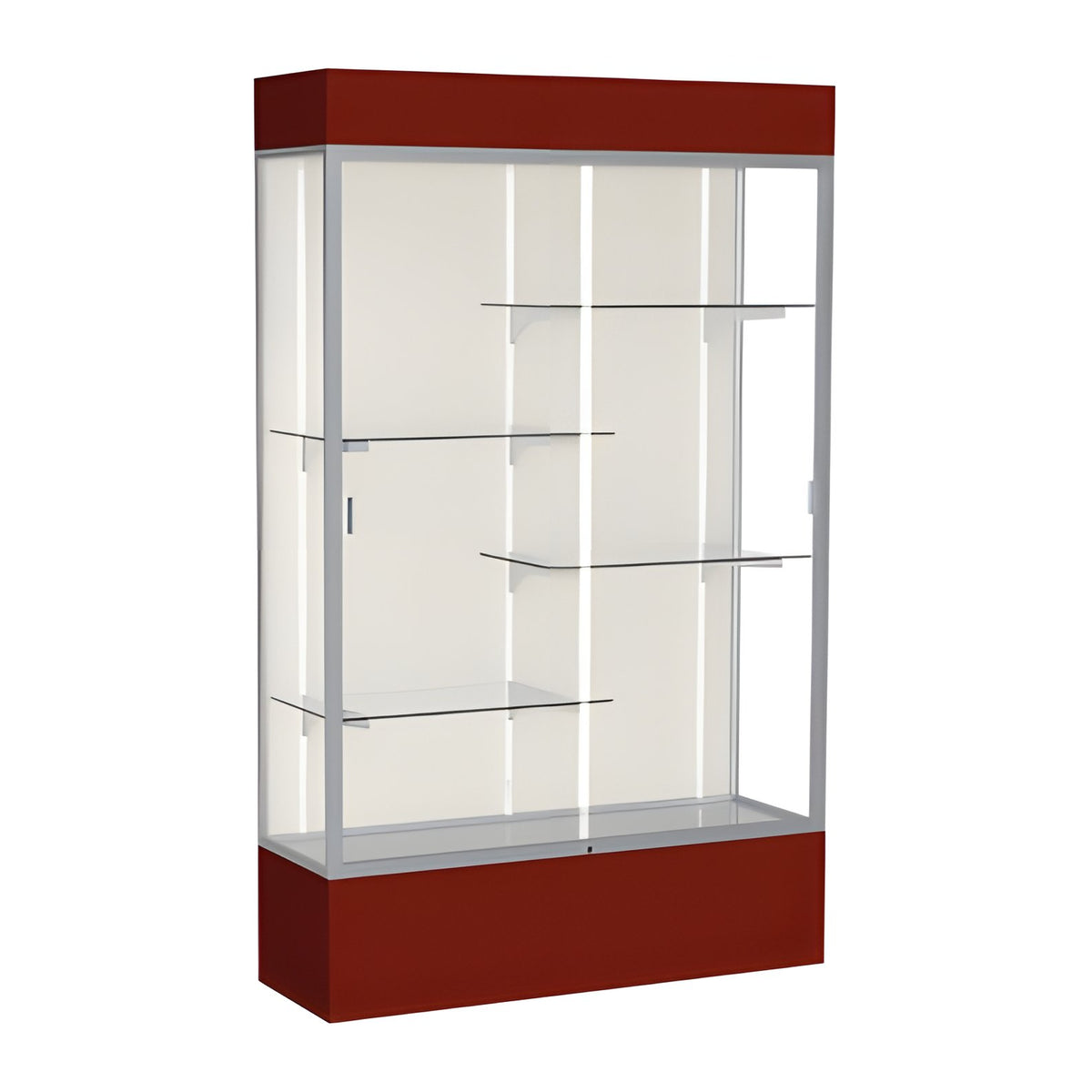 Spirit Maroon Display Case (Lighted), Plaque Fabric Back w/ Satin Natural aluminum frame finish, 80"H x 48"W x 16"D