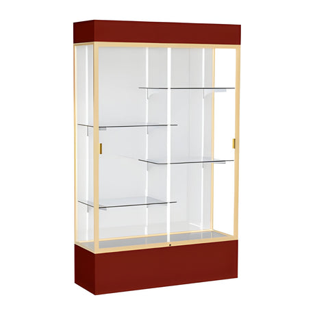 Spirit Maroon Display Case (Lighted), White Laminate Back w/ Champagne aluminum frame finish, 80"H x 48"W x 16"D