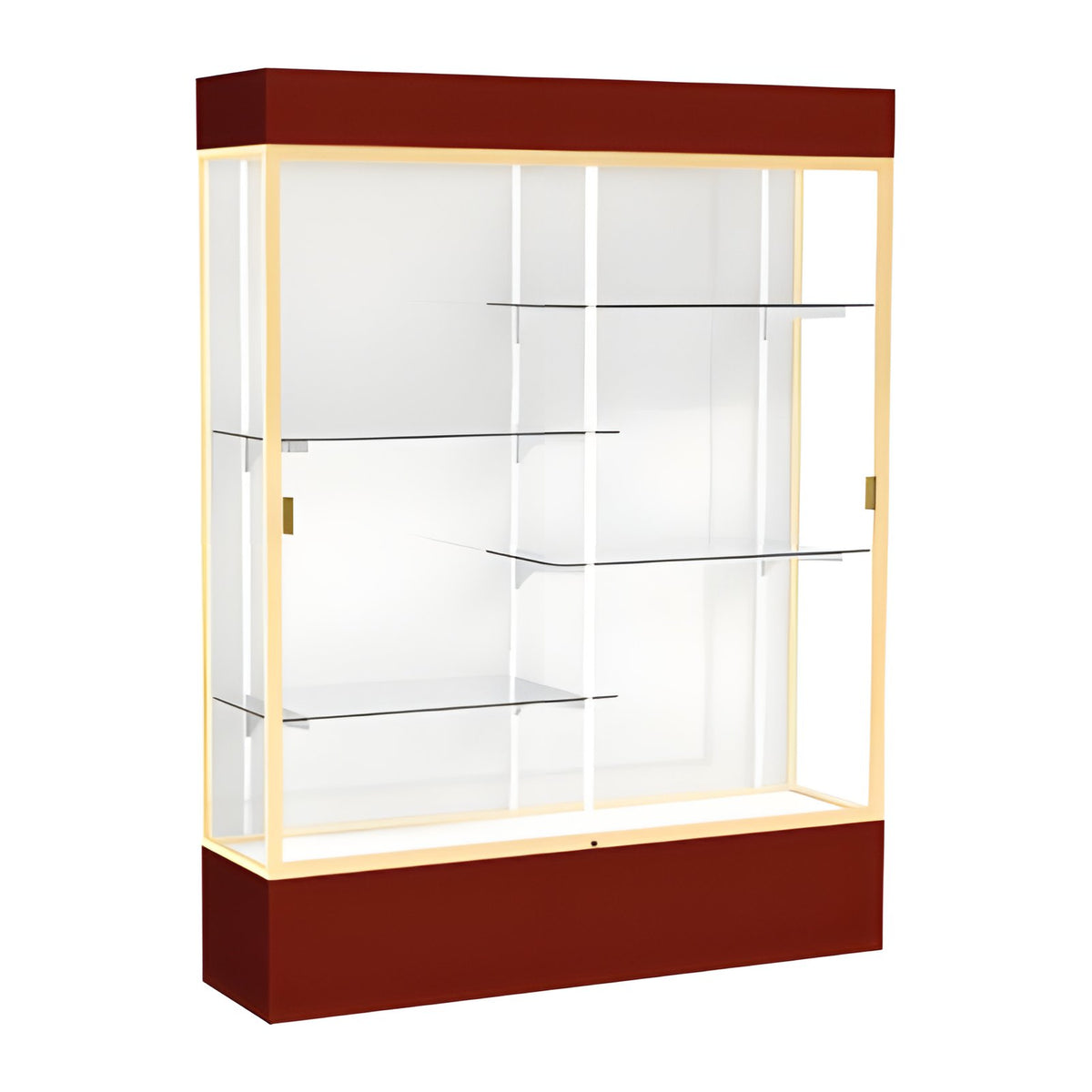 Spirit Maroon Display Case (Lighted), White Laminate Back w/ Champagne aluminum frame finish, 80"H x 60"W x 16"D