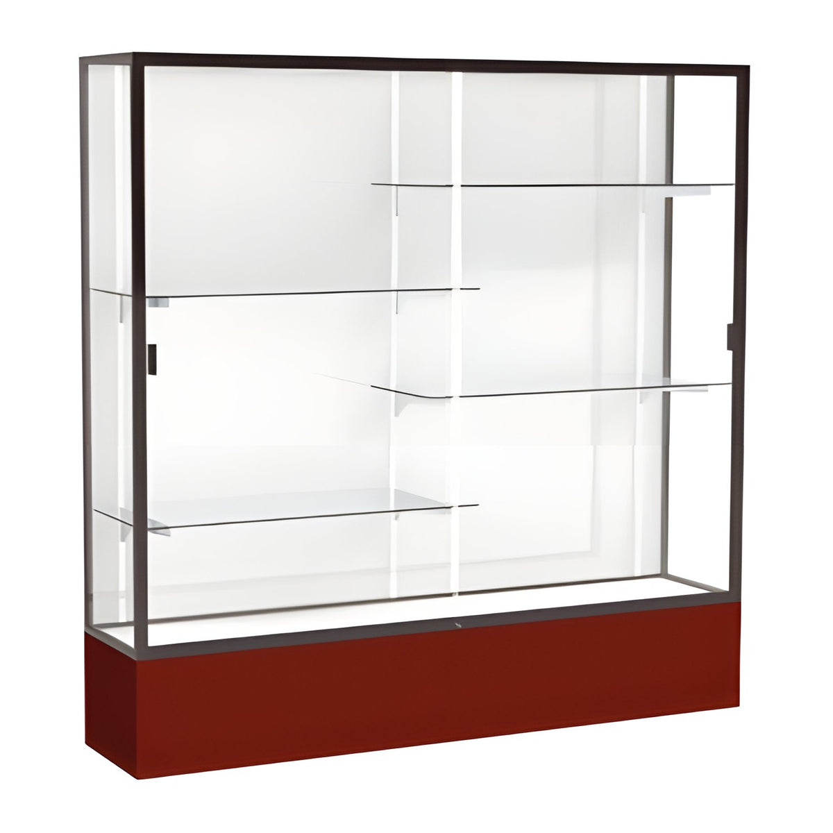 Spirit Maroon Display Case (Unighted), White Laminate Back w/ Dark Bronze aluminum frame finish, 72"H x 72"W x 16"D