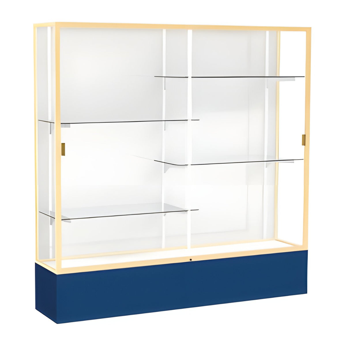 Spirit Navy Display Case (Unighted), White Laminate Back w/ Champagne aluminum frame finish, 72"H x 72"W x 16"D