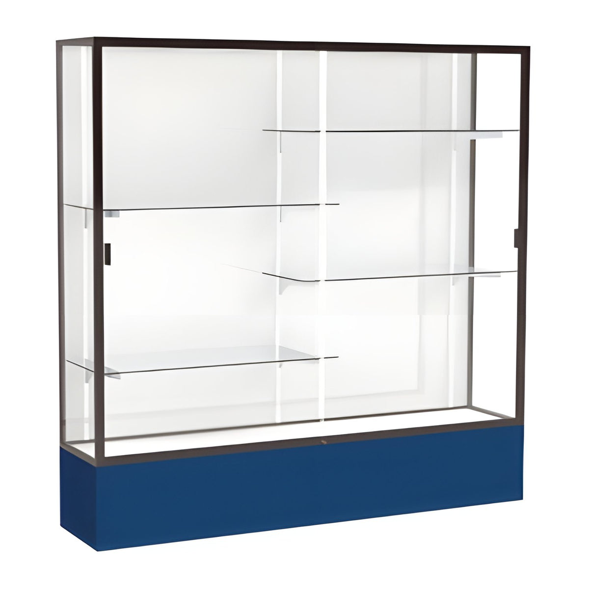 Spirit Navy Display Case (Unighted), White Laminate Back w/ Dark Bronze aluminum frame finish, 72"H x 72"W x 16"D