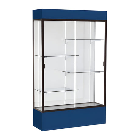 Spirit Navy Display Case (Lighted), White Laminate Back w/ Dark Bronze aluminum frame finish, 80"H x 48"W x 16"D