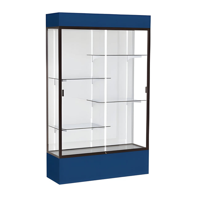 Spirit Navy Display Case (Lighted), White Laminate Back w/ Dark Bronze aluminum frame finish, 80"H x 48"W x 16"D
