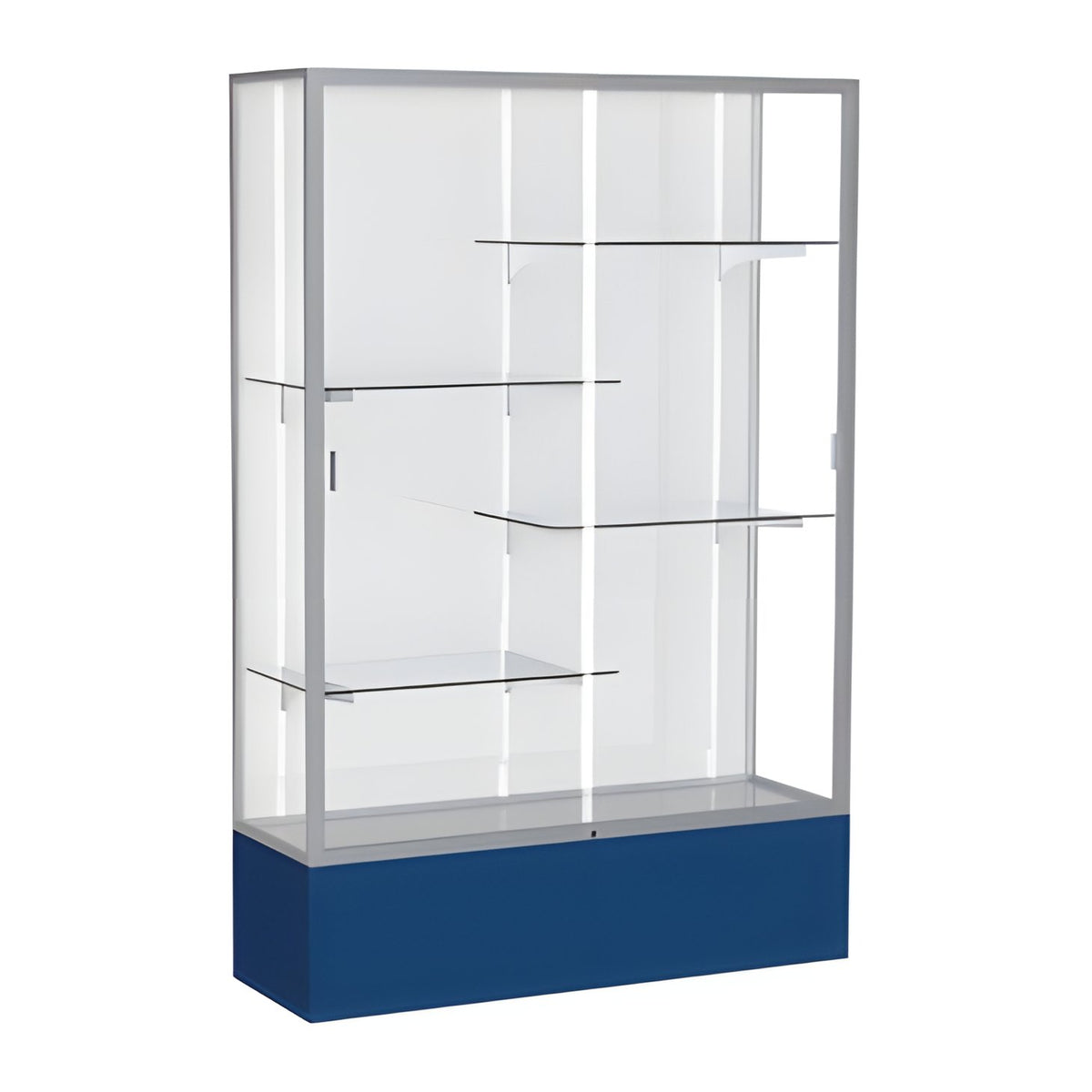 Spirit Navy Display Case (Unighted), White Laminate Back w/ Satin Natural aluminum frame finish, 72"H x 48"W x 16"D